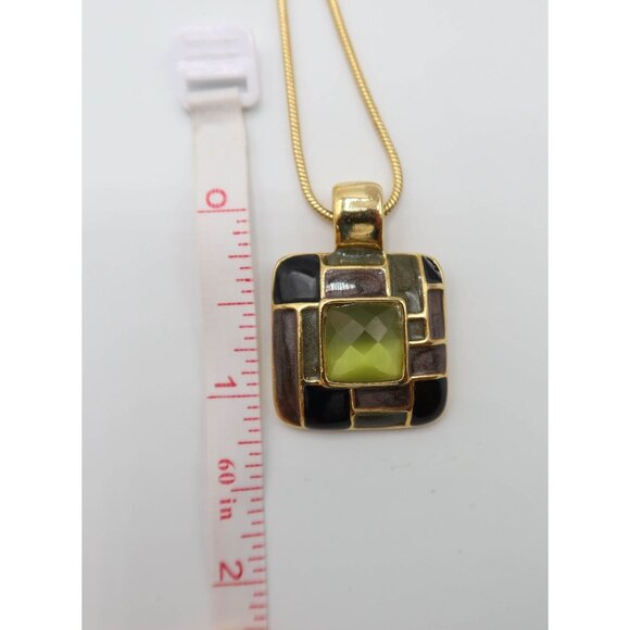 Olive Green Enamel & Facted Stone Square Pendant Chain Necklace Unsigned - Picture 6 of 7